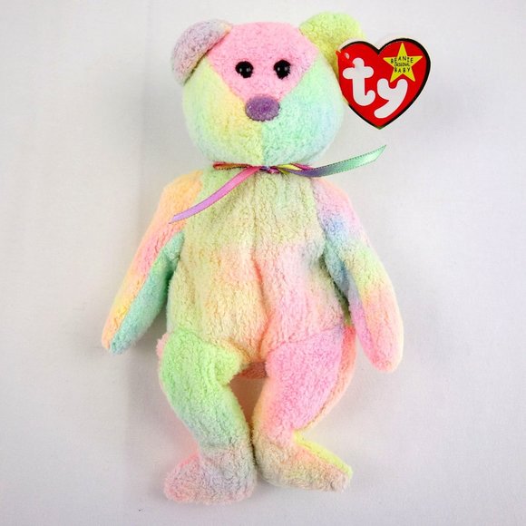Ty Toys Vintage 999 Ty Beanie Baby Rainbow Tie Dye Groovy Bear Hang